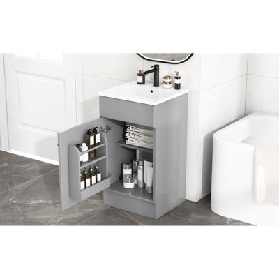 18" Bathroom Vanity With Sink, Grey - Cabinet Shelf System Ceramic Basin Easy Maintenance Finish Door For A Quiet And Hygienic Multiple Storage Options Sink Smooth Surface Overflow Protection Calm