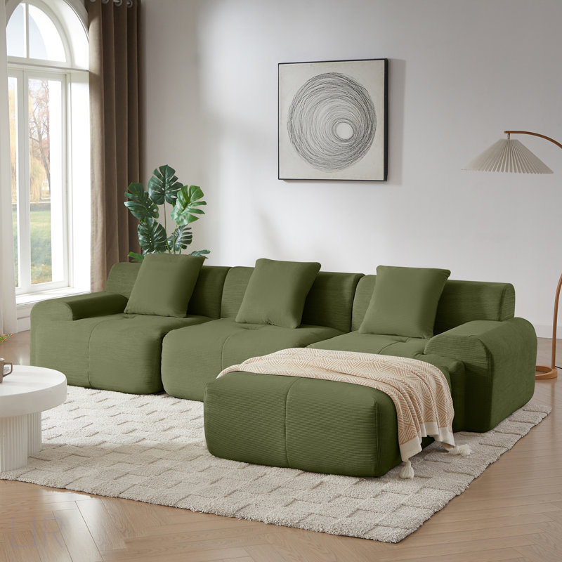 113 Inch Modern L-Shaped Modular Sectional Sofa, Corduroy Upholstery, Oversized 3-Seater With Deep Seat And Movable Ottoman, No Assembly Required