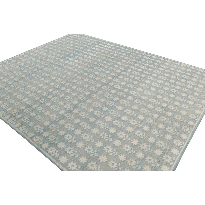 Rug & Kilim’S Modern Block Print Rug In Blue With White Floral Patterns, Rectangle 9' x 12'