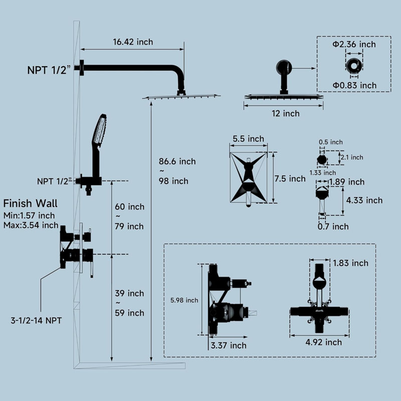 12 Inch Rain Shower System With 6-Function Handheld Shower Head - Pressure Balance Valve Kit - High Pressure Stainless Steel Bathroom Shower Faucet Set - Cupc Certified