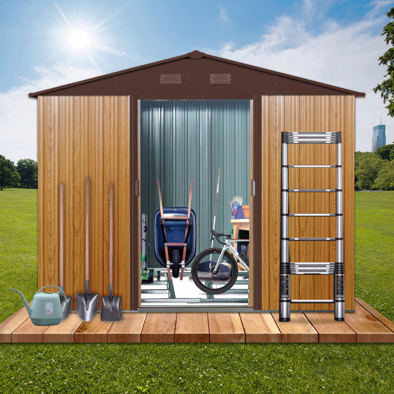 8Ft X 6Ft Outdoor Metal Storage Shed With Metal Foundation, Brown