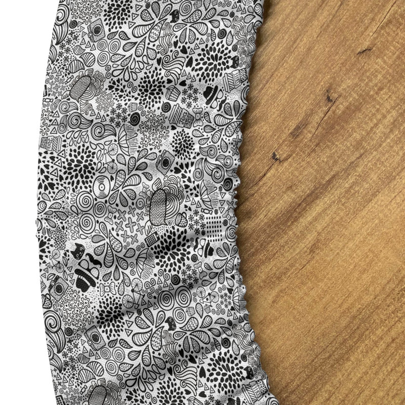 Ebern Designs Foliage Fitted Round Tablecloth Black White