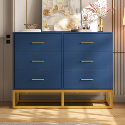 Modern 6-Drawer Dresser with Gold Metal Base and Handles, Contemporary Storage Chest for Bedroom and Living Room