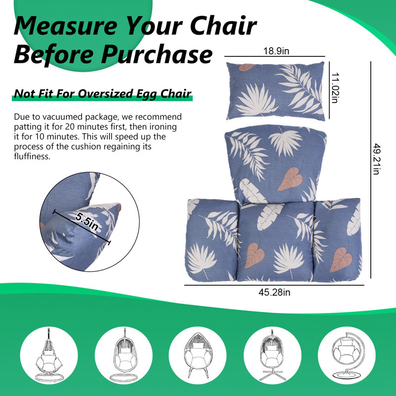 Egg Chair Cushion with Headrest Outdoor Indoor Vacuum Packaged, Light Gray Pink Flower, 45.28x49.21x5.5in