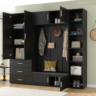American Style 4-in-1 Hall Tree with Padded Bench, 4 Hooks, and Adjustable Storage Shelves