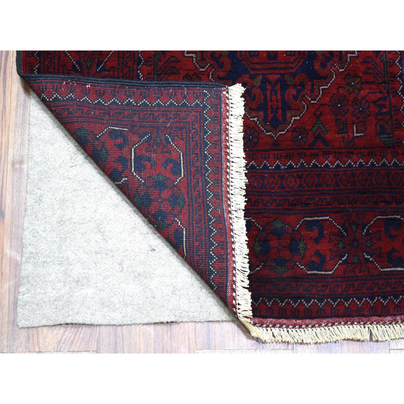 Tapis noué à la main 2 pi 8 po x 13 pi 1 po rouge et satiné Khamyab afghane en laine pure à motif géométrique noué à la main CF690992046A45DA9AE5B2CC0577A3D1