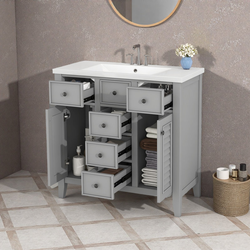 Meuble-lavabo 36 po avec lavabo en céramique, deux armoires et cinq tiroirs, structure en bois massif