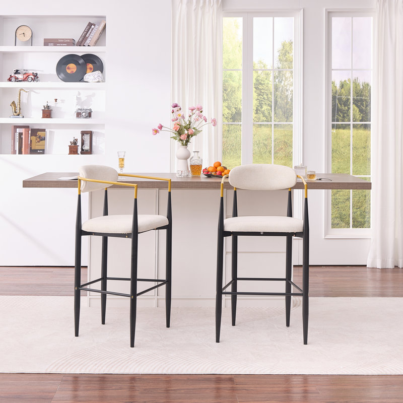 Modern Upholstered Bar Stool With Gold-Accented Armrests
