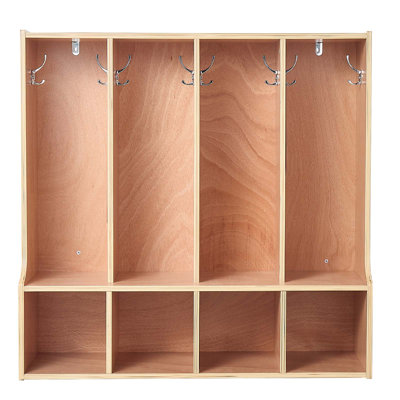 Casier à 4 sections pour enfants, rangement en bois pour tout-petits avec 8 crochets et tapis antidérapant, casiers pour enfants modernes avec 4 petites boîtes de rangement ouvertes pour la maison, la maternelle, la garderie, naturel