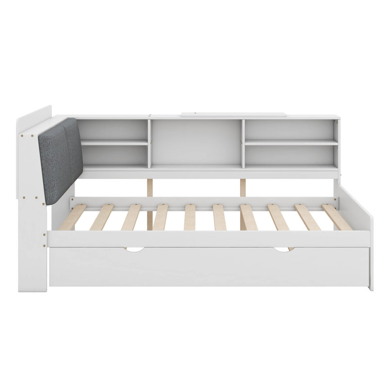 Solid Wood Daybed Frame With Trundle, Upholstered Storage Headboard, Shelves And Rotatable Board, Twin, White