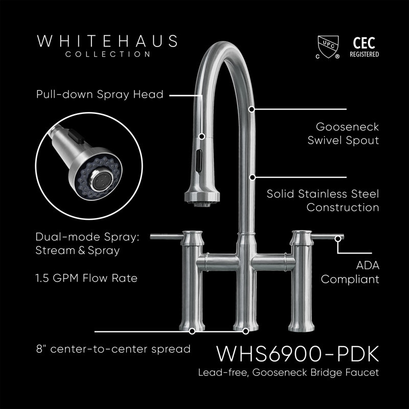 Whitehaus Collection Solid Stainless Steel Dual Lever Gooseneck Bridge Kitchen Faucet with Pull-down Spray Head