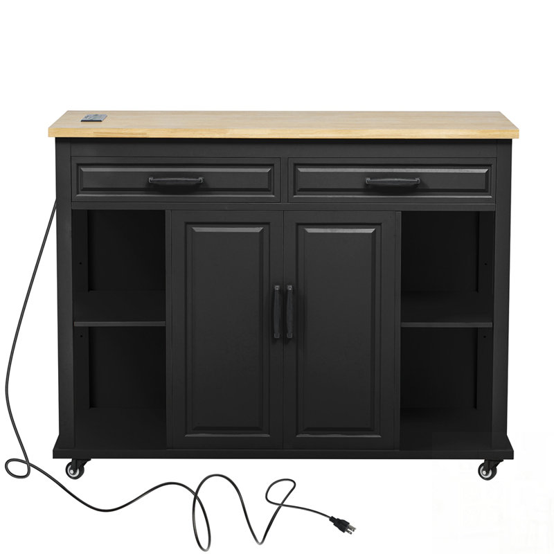 Îlot de cuisine extensible avec table de salle à manger, placage en bois d'hévéa, rangement interne et prises de courant pour les cuisines modernes
