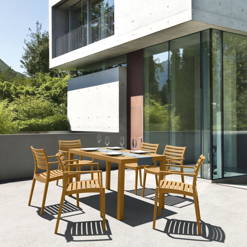 Quadis 6 - Person Patio Dining Set with Rectangular Table, Teak Brown