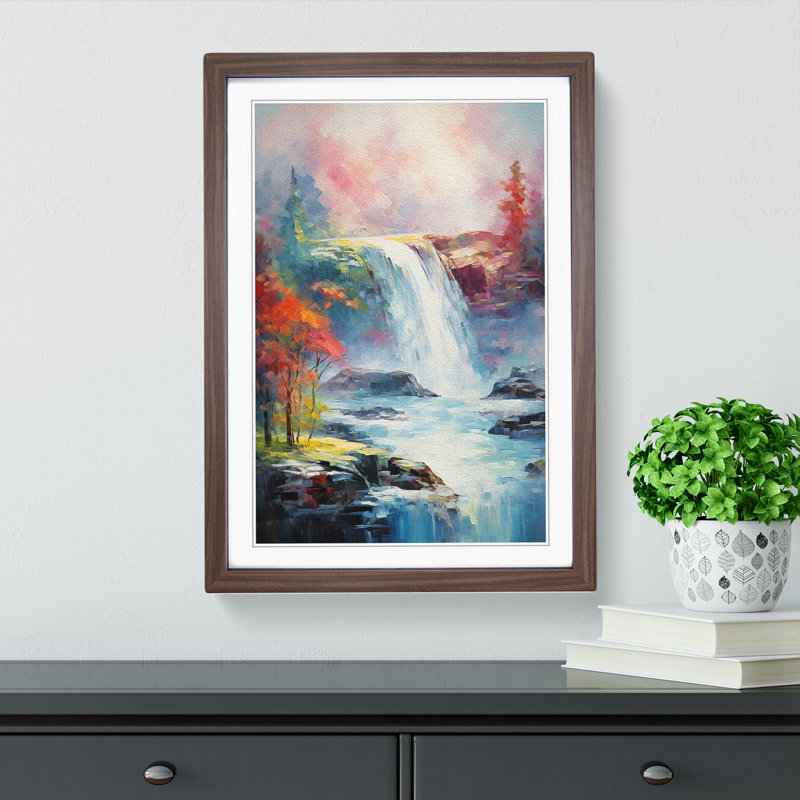 Waterfall Impressionism Art - Framed Print, 46cm H x 34cm W, Walnut Framed