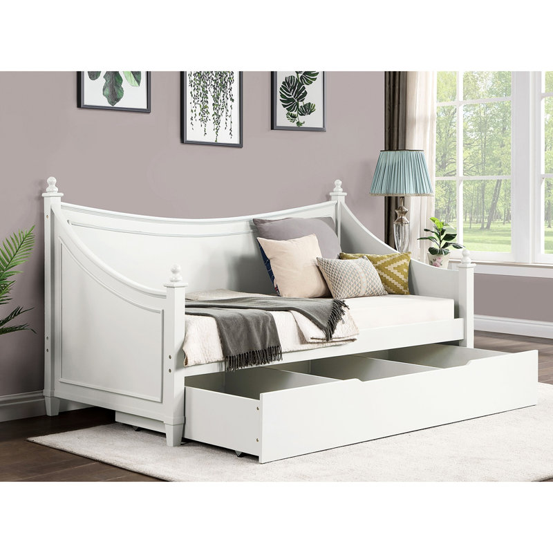 Lit de jour simple blanc de style transitionnel, détails de moulures, conception d'affiche avec fleurons, structure en bois massif, installation pour matelas pour dormir dans de petites pièces et bois d'ingénierie,