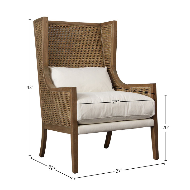 Mack Cotton Performance Fabric and Oak Wingback Accent Chair w/ Rattan Accents