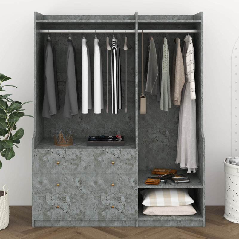 Garde-robe ouverte en bois avec tiroirs et tablettes, Gris