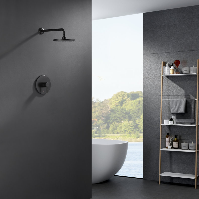 Garniture de douche Euro Collection seulement: pomme de douche ronde de 8 po, ensemble de poignées simples et soupape brute incluse - bronze huilé