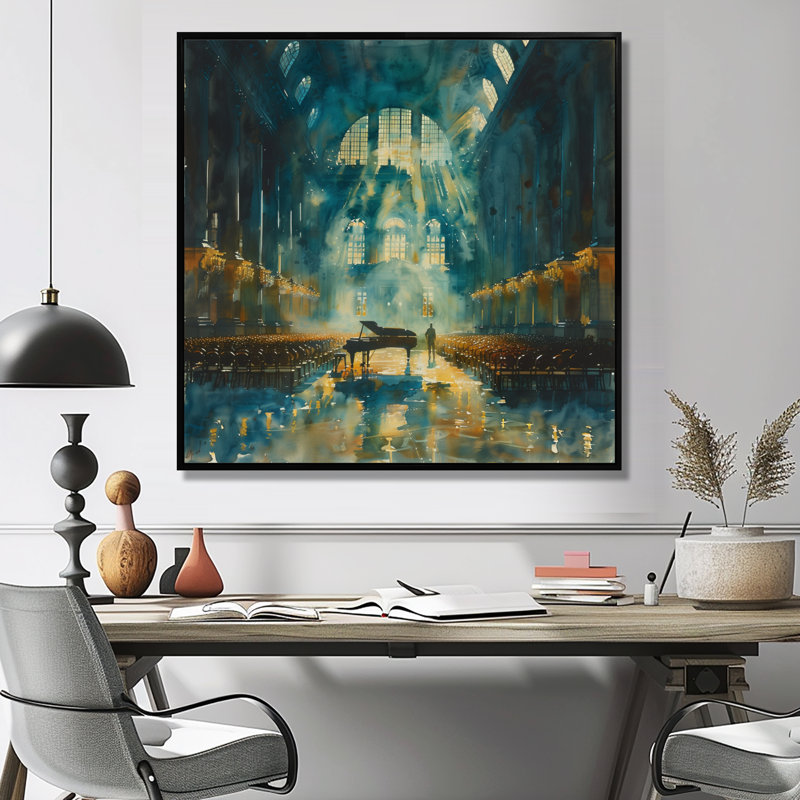 Bleu piano, salle de concert Music III - salles de concert, art mural, Cadre flottant noir, H 16 po x l 16 po