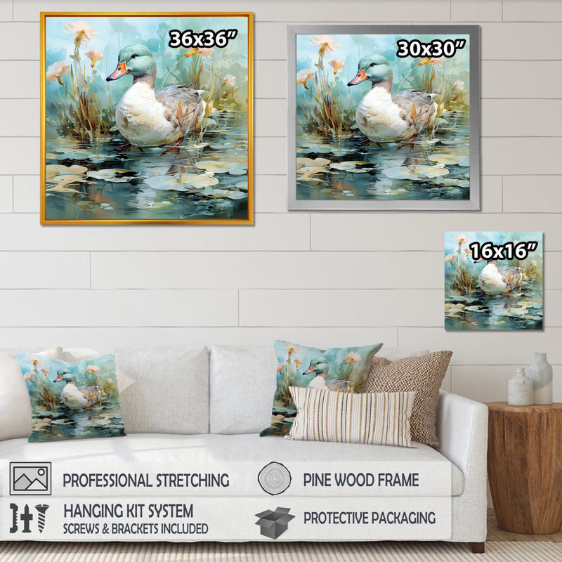 Emerald Duck Floral Pond Reflections I - Art mural animal canard, H 36 po x l 36 po x P 1,5 po, Cadre flottant doré