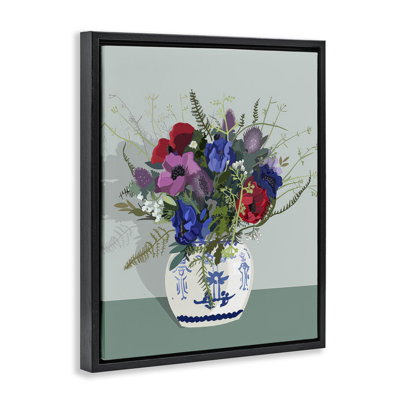 «Ginger Jar & Anemones» par Betty Boynes, Cadre flottant noir de jais, H 31 po x l 25 po
