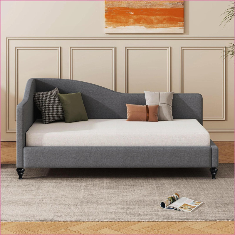 Twin/Full Size L-Shaped Daybed with Solid Wood Legs, Beige/Gray – 250/440 lbs Capacity for Guest Room, Gray