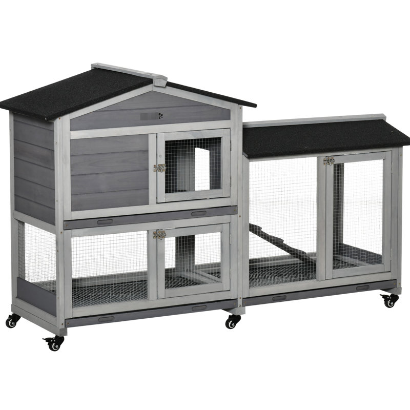 Maison pour animaux 62 "en bois avec roues, boîte de course, plateau sans fuite - lapin, gris et élément mobile