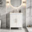 Meuble-lavabo de 61 cm avec lavabo intégré, porte à panneaux ondulés blanc brillant, poignées en métal doré, tablette réglable, meuble de rangement moderne autoportant pour salle de bain.