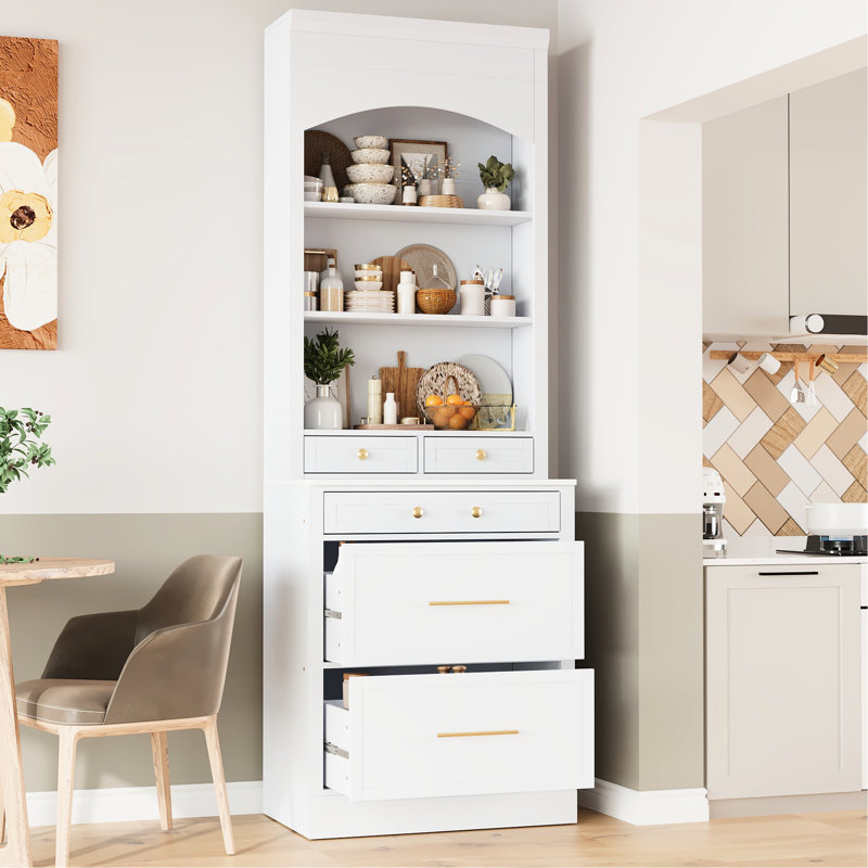 Armoire de cuisine moderne de 83,7 pouces de hauteur, blanc avec comptoir en faux marbre, 5 tiroirs et tablette réglable, 2 pour un rangement élégant, utilisation de l'espace domestique