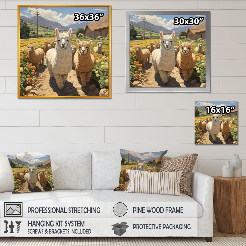 Cheerful Farm Alpaca Portrait - Perroquet, art mural, Cadre flottant noir, H 36 po x l 36 po