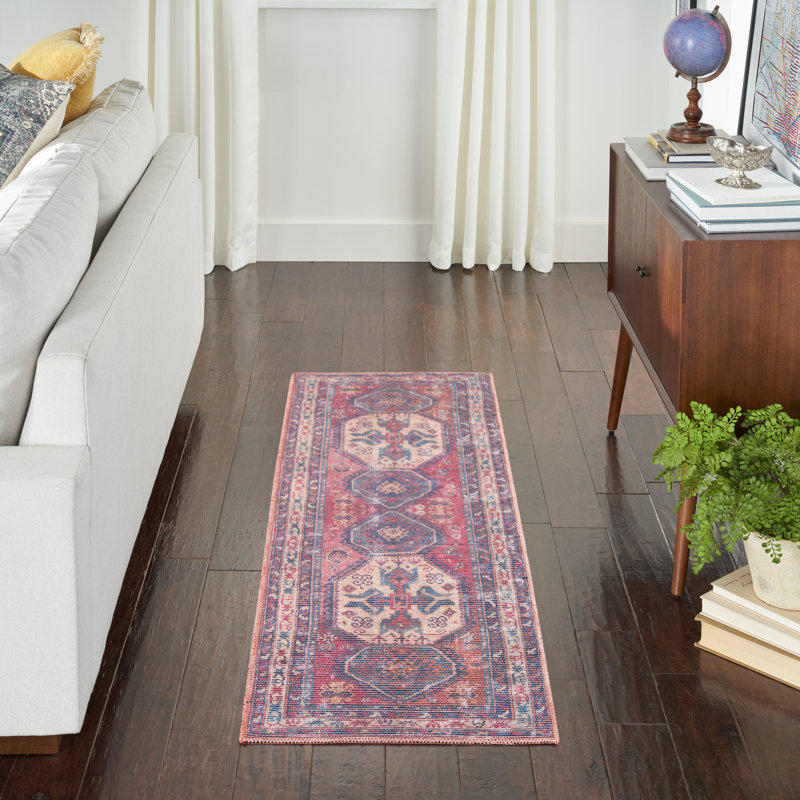 Machine Washable Southwestern Navy/Muted Red/Beige Area Rug, Runner 2' x 6'