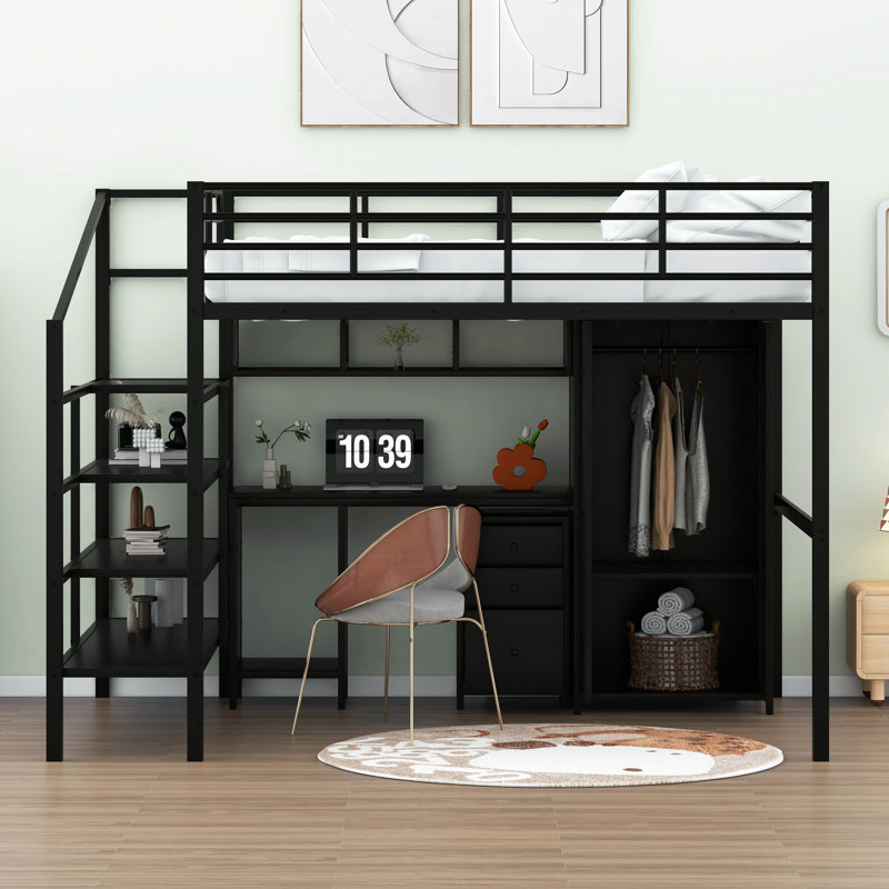 Jaquelin Full Metal Loft Bed With Table Set and Wardrobe