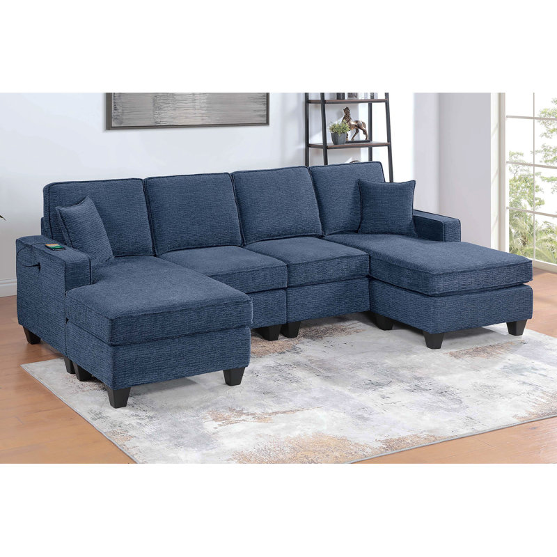 3Pc Sectional Set Dark Blue Finish Right Arm And Left Arm Chaise USB Port Armless Loveseat Plastic Legs Matching Two Pillows Primary Living Room