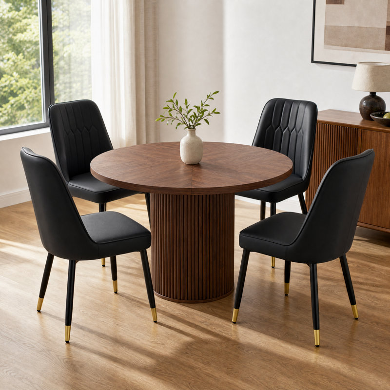 Ensemble de table de salle à manger 5 pièces en noyer avec piédestal caché, Noir