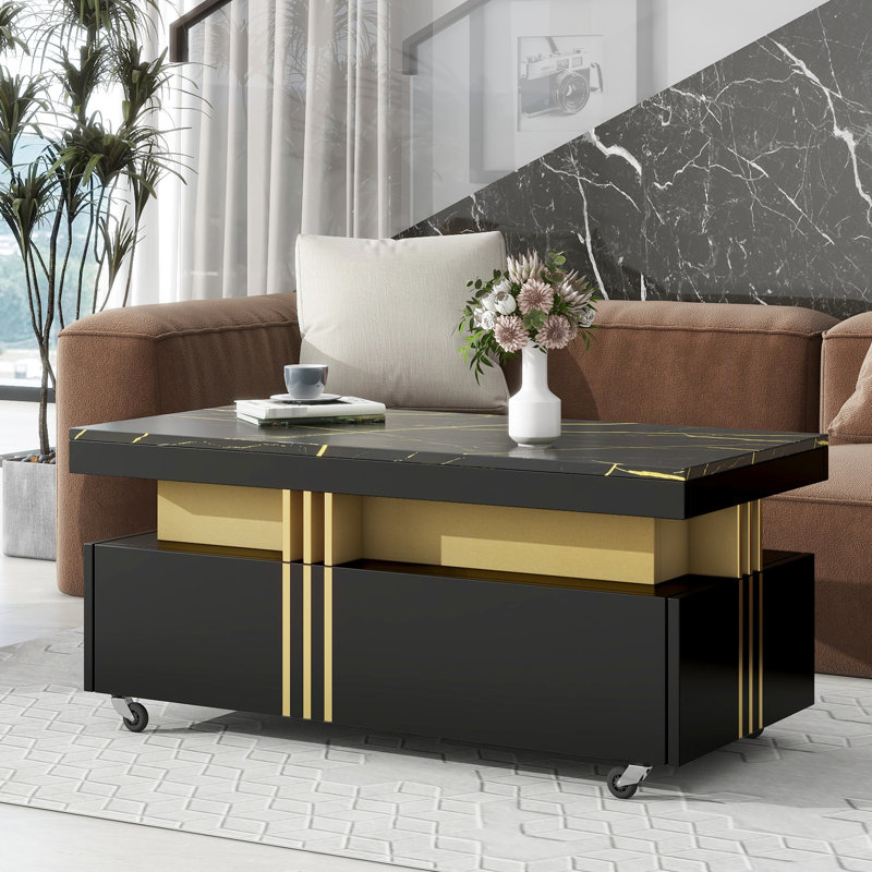 Black Rectangular Table With Faux Marble Top And Drawer Storage, Modern Elegant Coffee ,