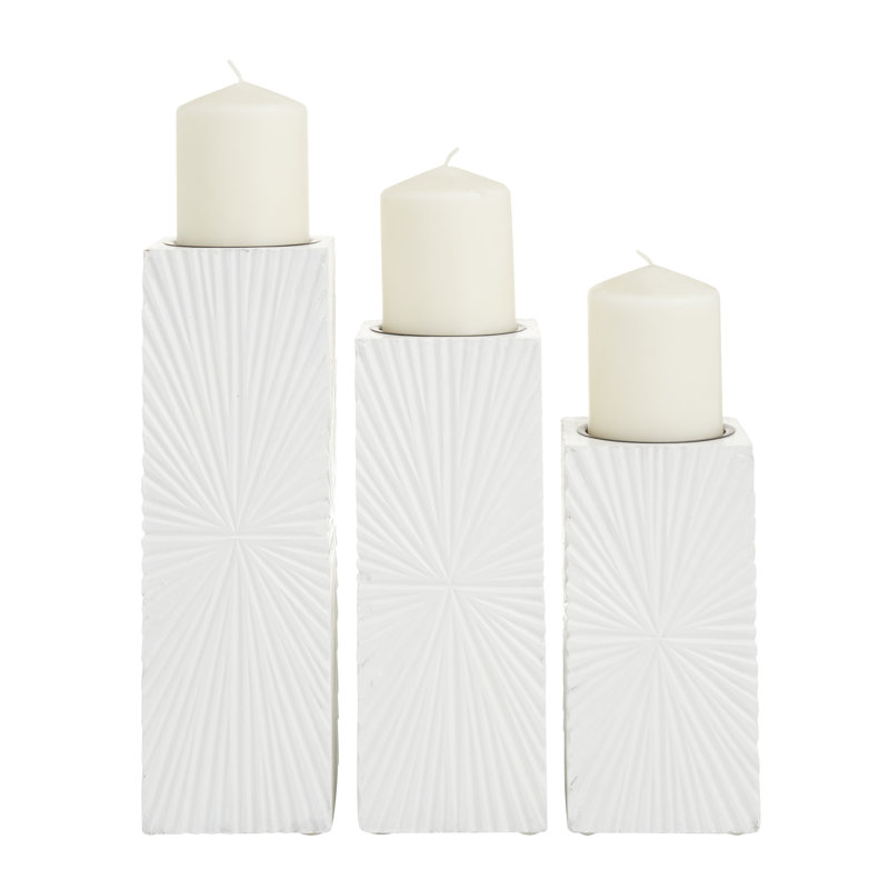 Wooden Carved Pillar Geometric Decorative Candle Holder Set, White