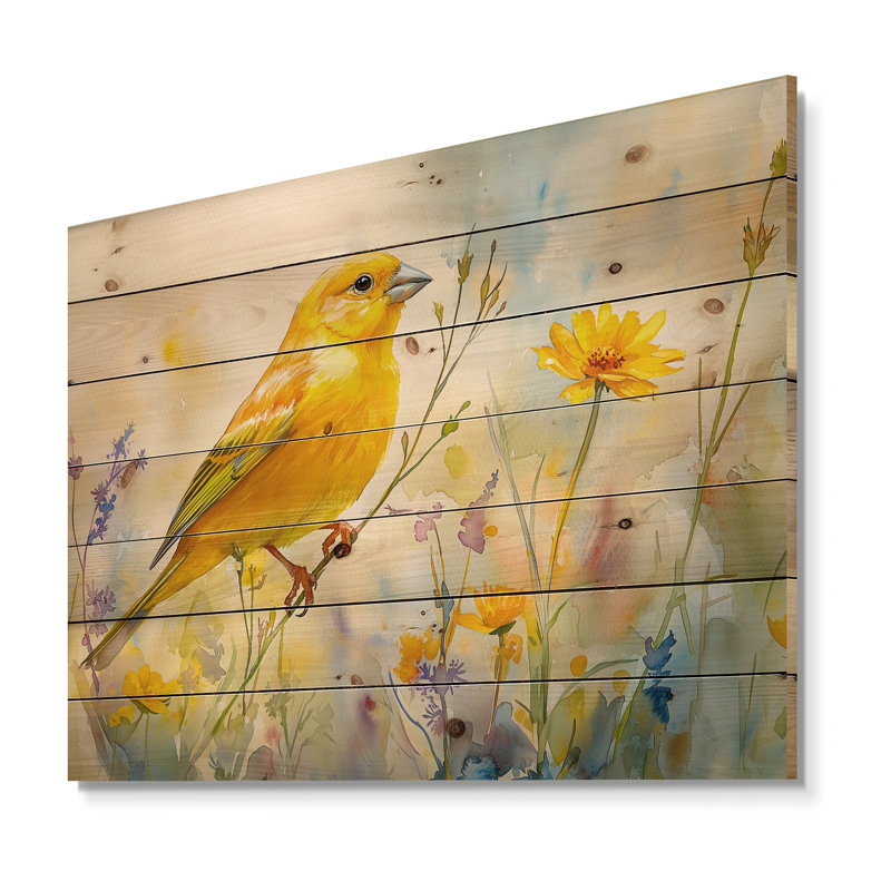 Oiseau pinson sur une tige de fleur sauvage I - Décoration murale en bois d'oiseau - sur bois de pin naturel