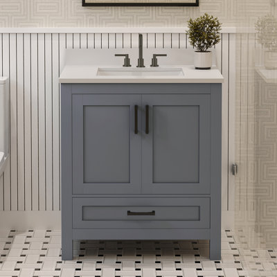 Meuble-lavabo en bois massif avec lavabo Orbison, 3 trous de robinet pré-percés, 2 portes à fermeture douce, 7 tiroirs à pleine extension