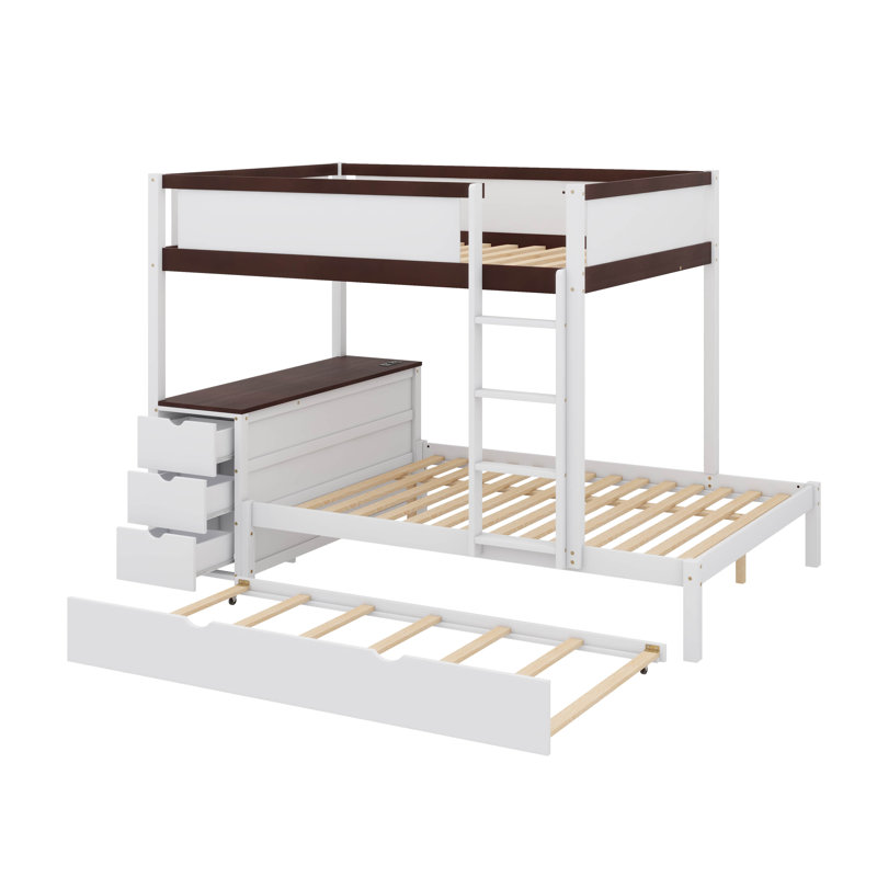 Le lit superposé comprend un lit gigogne supplémentaire, un espace de rangement et un bureau intégré, Blanc/noyer