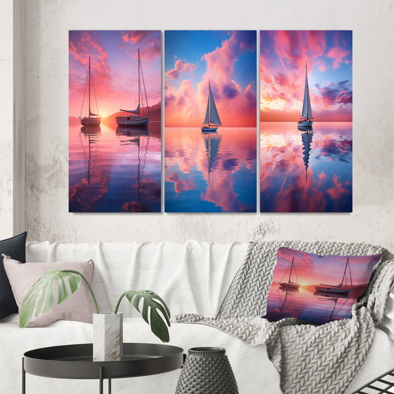 "Voilier blanc, rose, bleu, coucher de soleil, réflexion I", 3 pièces sur toile, Toile tendue, H 28 po x l 36 po
