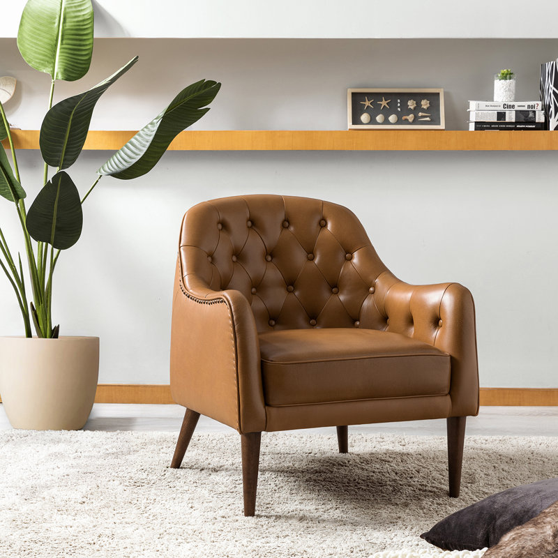 Rhinehart 28.5" Wide Genuine Leather Barrel Chair, Camel Genuine Leather