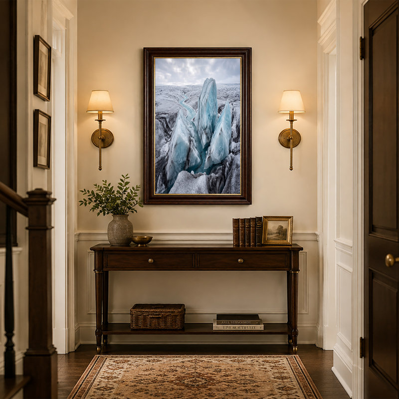 «Frozen Glacial Landscape with Blue Ice and Stream», art mural, H 16 po x l 24 po