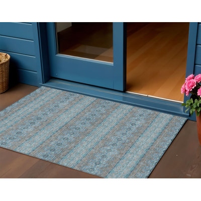 Tapis intérieur / extérieur 5 pi x 8 pi bleu sarcelle à motif floral turquoise et gris lavable