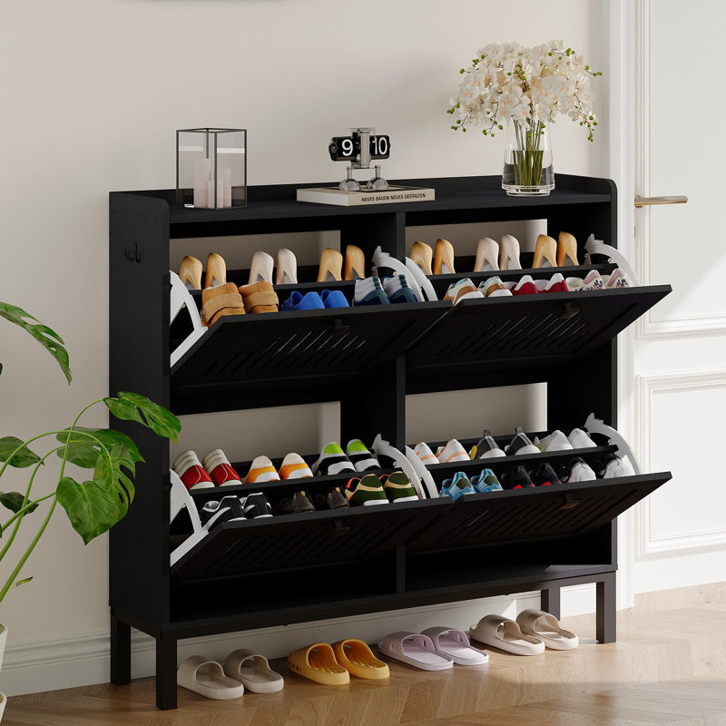 Armoire de rangement pour chaussures avec 4 tiroirs rabattables, organisateur de chaussures avec panneau creux, Noir