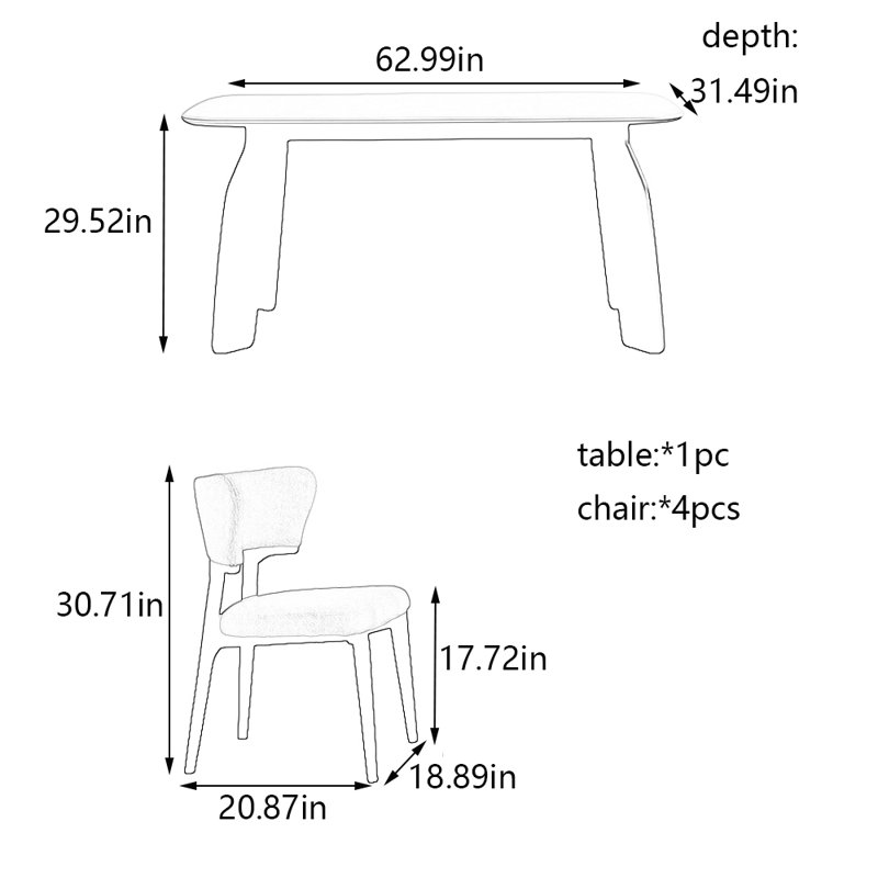 Ensemble de table de salle à manger et de chaises Art White Rock, H 29,52 po x L 62,99 po x l 31,49 po