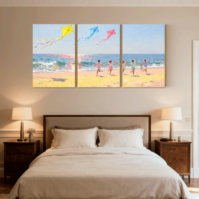 Plage, plage, cerfs-volants, enfants, ciel océan, joyeux été, ensemble de 3 impressions sur toile, H 18 po x l 36 po