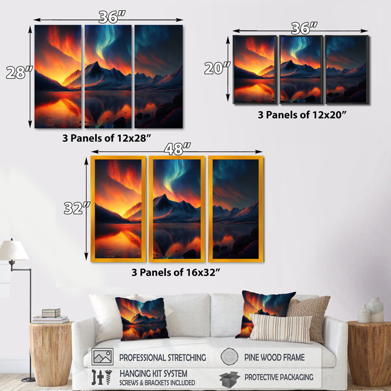 «Beautiful Lake Sunset With Aurora Borealis», impression sur toile 3 pièces, H 28 po x l 36 po x P 1 po