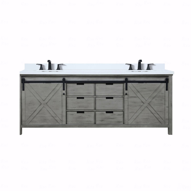 Ensemble de meuble-lavabo à double cuve 84 po de largeur x 22 po de profondeur avec comptoir en quartz blanc et robinet, Gris