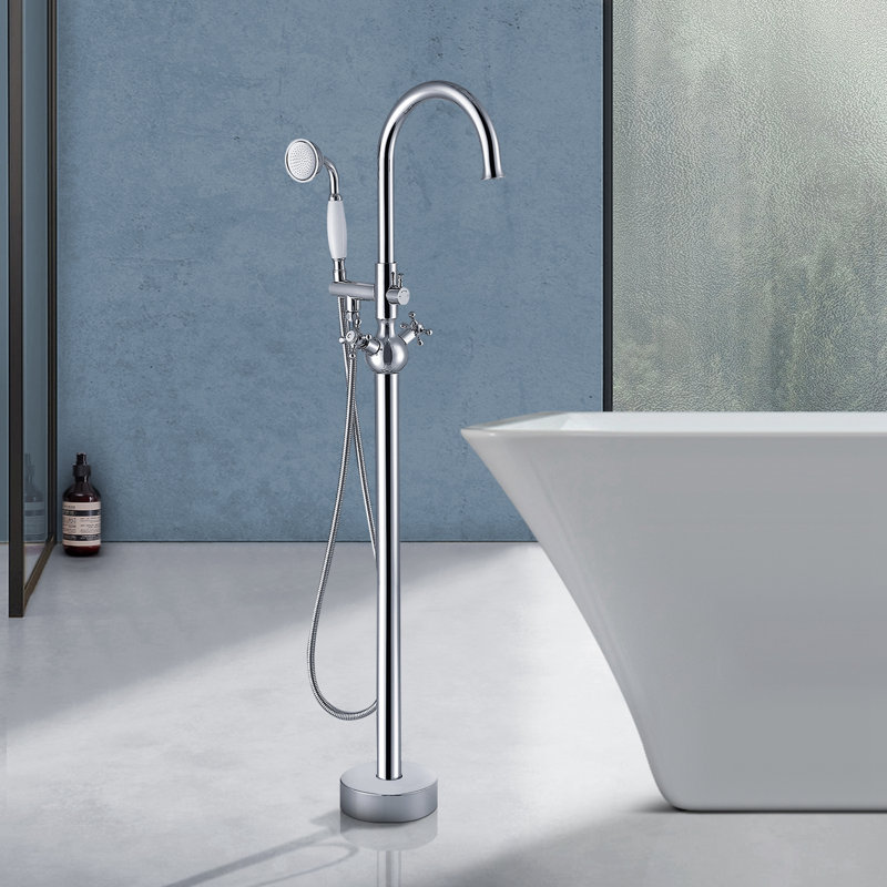 2 Handle Freestanding Tub Filler with Diverter, Chrome/White