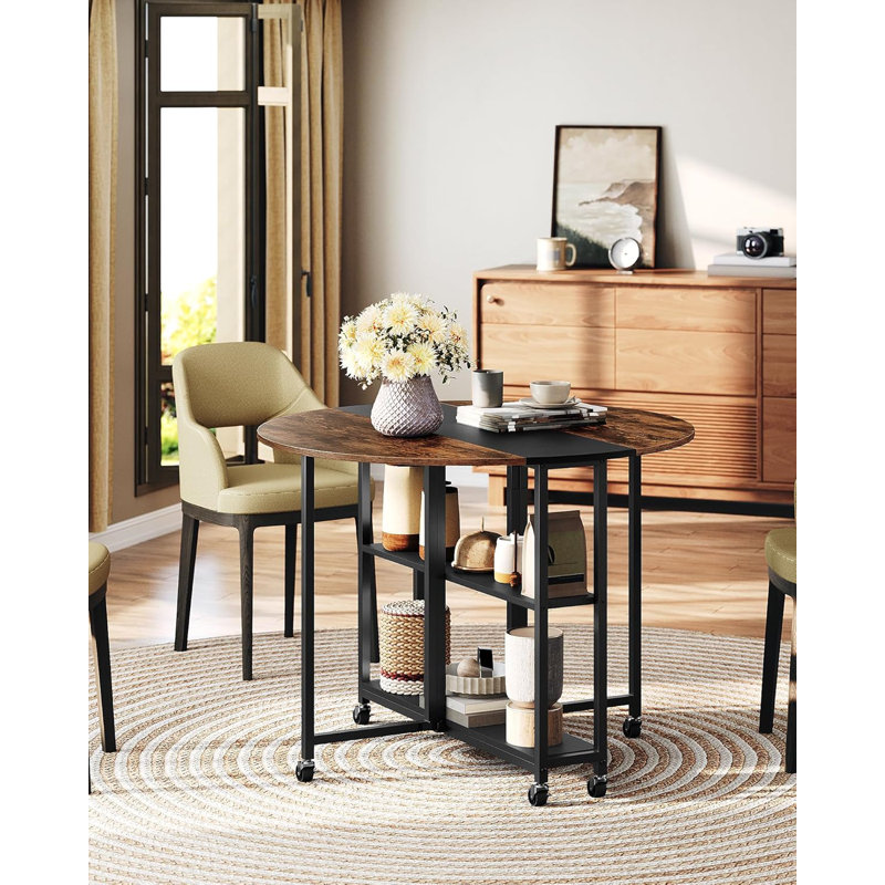 Folding Dining Table, Kitchen Table With 6 Wheels, Folding Round Table With 2-Layer Storage Shelf, Space Saving Dining Table For Small Spaces, Stable, Easy Assembly, Rustic Brown